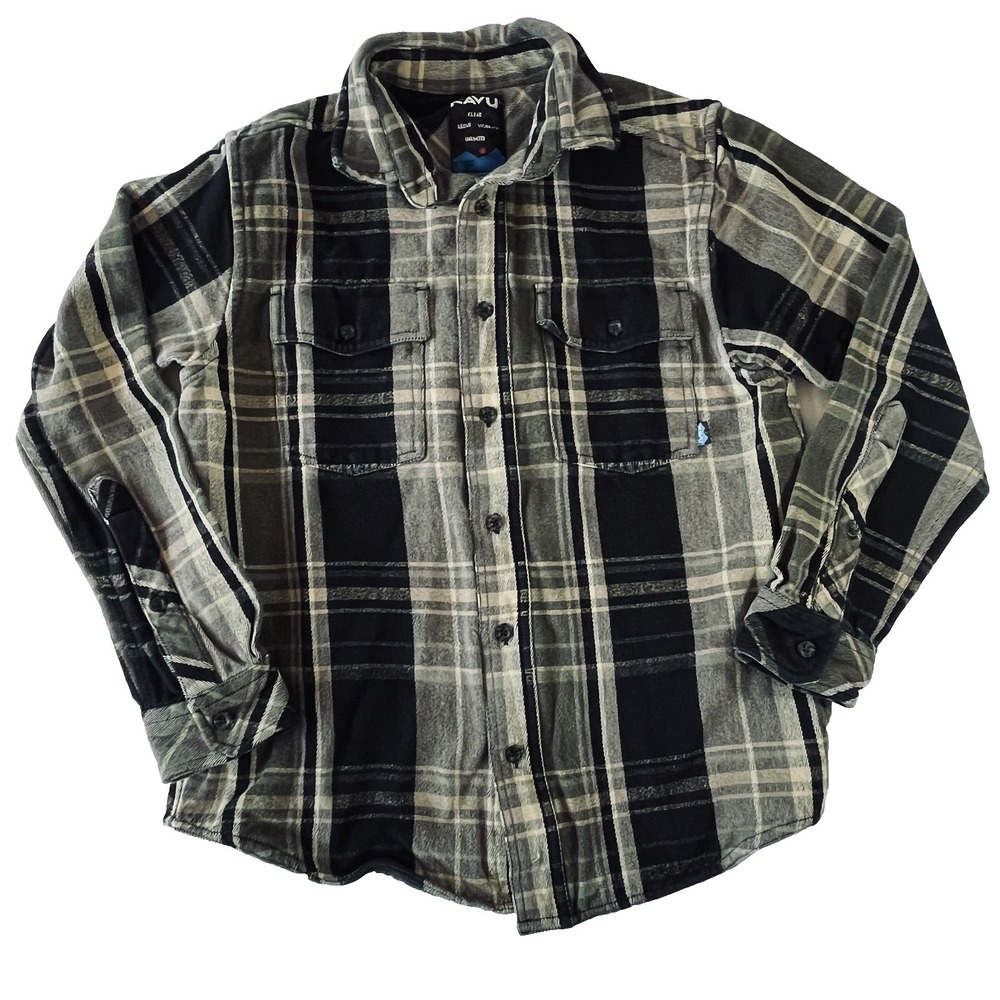 KAVU Flannel Mens Sz M Gray Black Plaid Button Down Shacket Shirt Ironworks Top